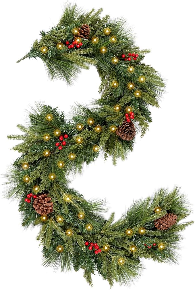 WBHome Real Touch Mixed Evergreen with Pinecones Foliage Prelit Garland, Winter Greenery Garland for Christmas Holiday Seasonal Outdoor/Indoor Home Decor Mantle, 6FT Long