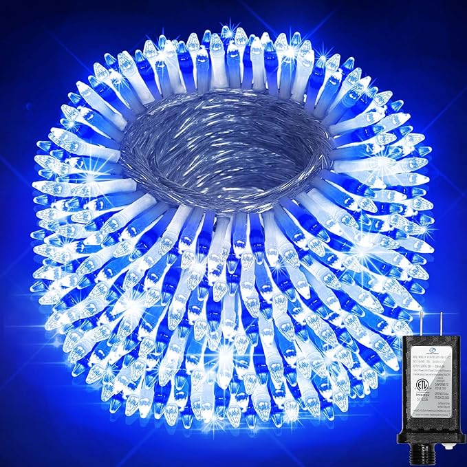 750 LED 256FT Christmas String Lights, Christmas Light with 8 Lighting Modes & Timer Memory, Plug in Outdoor Waterproof Clear Wire Twinkle Light for for Xmas Yard Tree Party Decor Blue and White