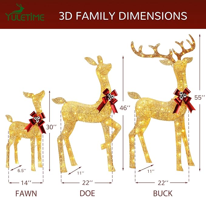 YULETIME 3-Piece Pre-lit 3D Christmas Reindeer Family, Lighted Glitter Christmas Deer Family Holiday Decoration with Warm White LED Lights (3D 3-Piece)