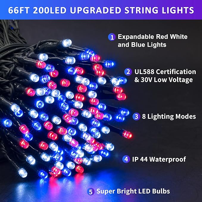 JMEXSUSS 200 LED 66ft Red White and Blue Lights Outdoor, Expandable Waterproof 4th of July Lights, 8 Modes Patriotic String Lights Plug in for 4th of July Tree Independence Day Indoor Decorations
