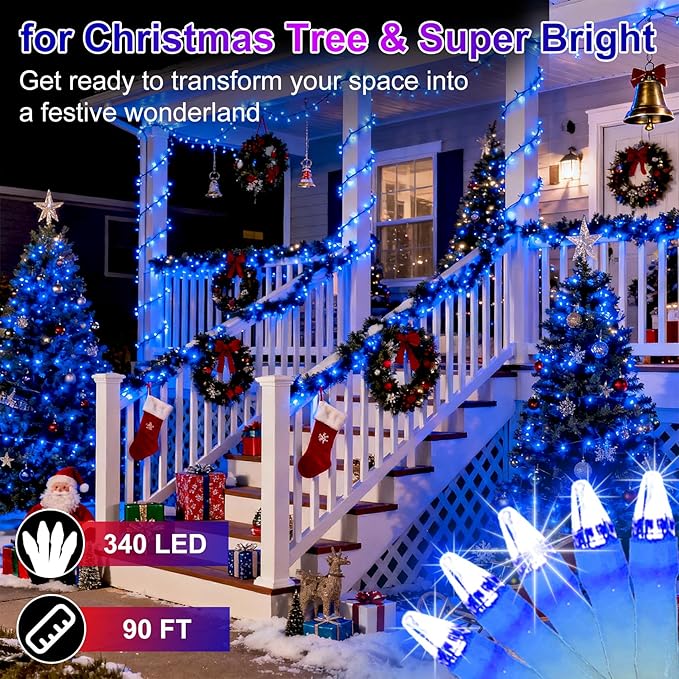340 LED 90FT Christmas String Lights Outdoor, 12 Pro Modes and Timer Memory & Brightness, Plug in Outdoor Waterproof Clear Wire Twinkle Light for for Xmas Yard Tree Wedding Party Decor (Blue)