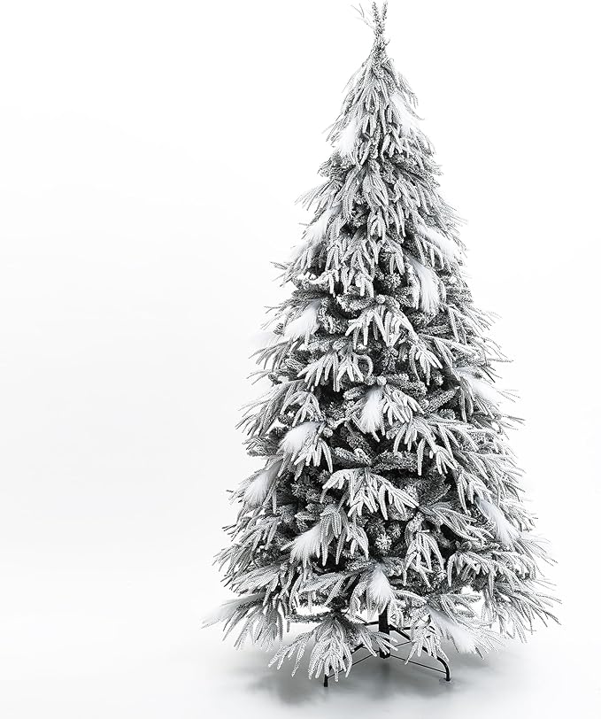 LuxenHome 6.5FT Flocked Artificial Christmas Tree, Downswept Branches Spruce Prelit Christmas Trees with 350 Warm White LED Lights and Feather Accents, 2522 PE+PVC Tips, Xmas Tree Holiday Decor