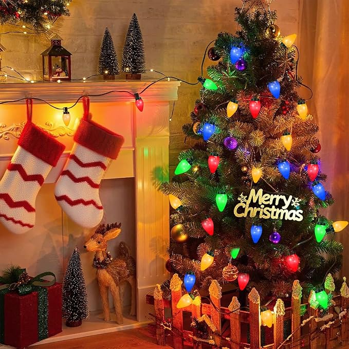 C7 100 LED Battery Operated Christmas Lights,Battery Powered Waterproofing Bulbs,34FT 8 Modes with Auto On/Off Time for Xmas Tree Garden Patio Indoor Outdoor Christmas Decor(Multicolor)