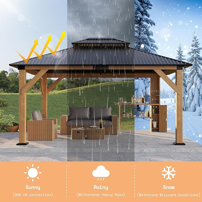 10x12 FT Wood Gazebo, Outdoor Hardtop Gazebo with Aluminum Double Roof, Outdoor Wooden Pavilion for Parties, Backyard, Patio, Lawns, Black + Natural Wood