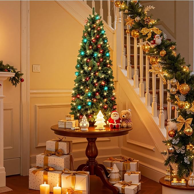 HOLLO STAR 4.5 ft Prelit Christmas Tree with 148 LED Lights, App Control, Artificial Pencil Christmas Tree with Multi-Color RGBW Lights, 330 Branch Tips, Skinny Xmas Tree, Metal Base, for Home, Party