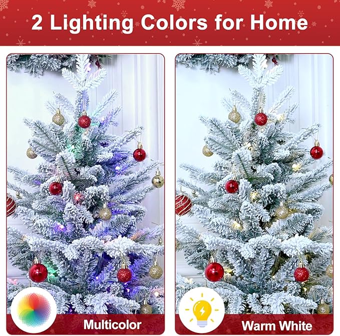 Prelit Flocked Christmas Tree, Artificial Small Christmas Tree with 100 Warm White & Multi Color Led Lights, Frosted LED Xmas Tree with Snow (3FT-Lights)