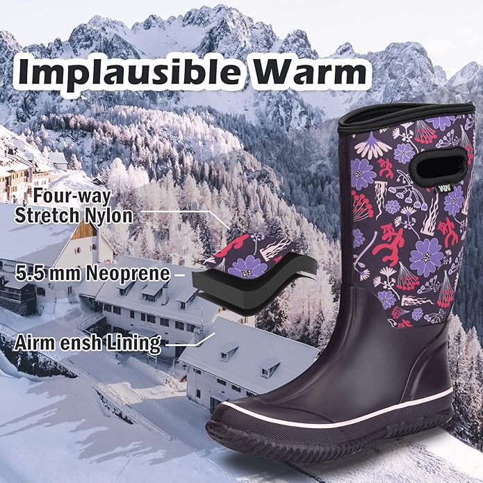WTW Mid Calf Rain Boots for Women - Waterproof Insulated Neoprene Mud Boots Outdoor Hunting Garden Boots