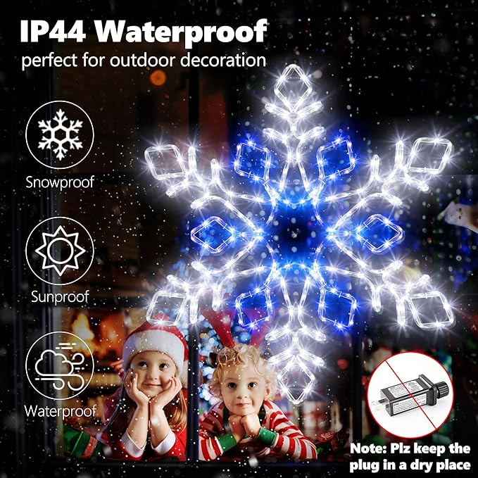 Christmas 35'' Snowflake Lights Decoration - Outdoor Waterproof Christmas Lights Super-Bright White and Blue with Ultimate Timer for Outdoor Home Party Wall Hanging Light