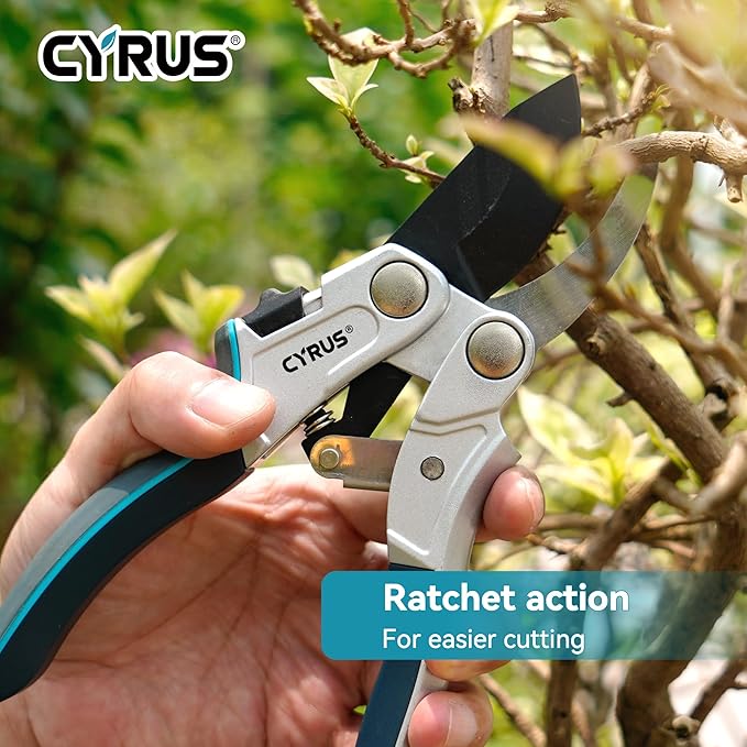CYRUS Pruning Shears for Gardening,8" Pruning Shears Heavy Duty Wheel Effortless Pruning Non Stick Coating Blade with Anti Slip Handle Scissors Widely Used for Gardening, Hydrology, Grow Tents