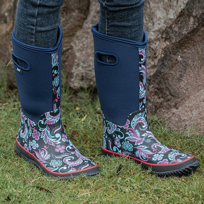 WTW Mid Calf Rain Boots for Women - Waterproof Insulated Neoprene Mud Boots Outdoor Hunting Garden Boots