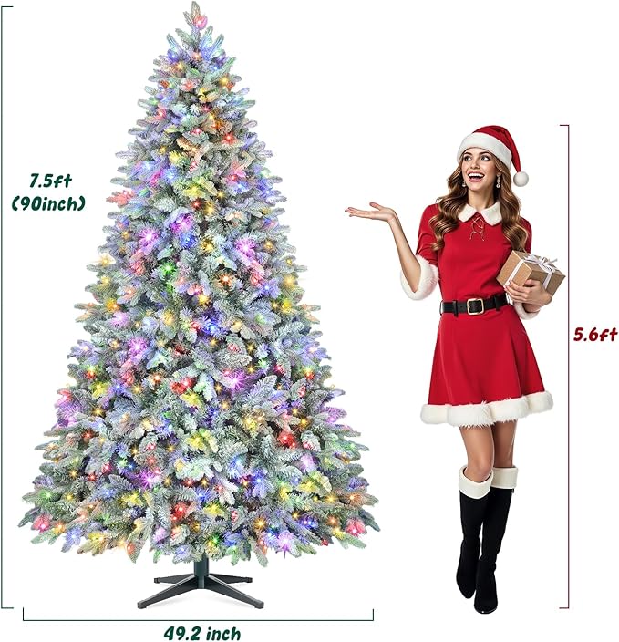 Thalassophile 7.5ft Pre-Lit Flocked Christmas Tree with Rotating Stand, Prelit Rotating Artificial Hinged Xmas Tree with Remote, 470 Lights Warm White & Multi Color, 1470 Branch Tips, Snow Flocked