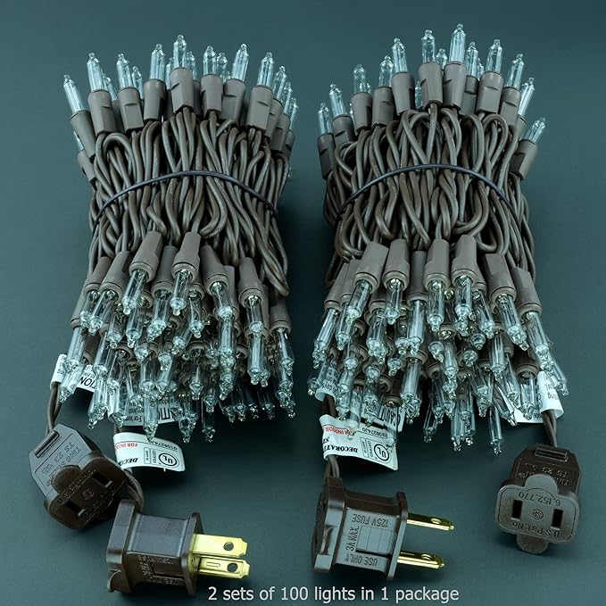 YULETIME 200 Clear Christmas Lights with Brown Wire, Pack of 2 Strands of 21 ft 100 Count UL Certified Incandescent Mini String Light (Clear - Brown Wire)