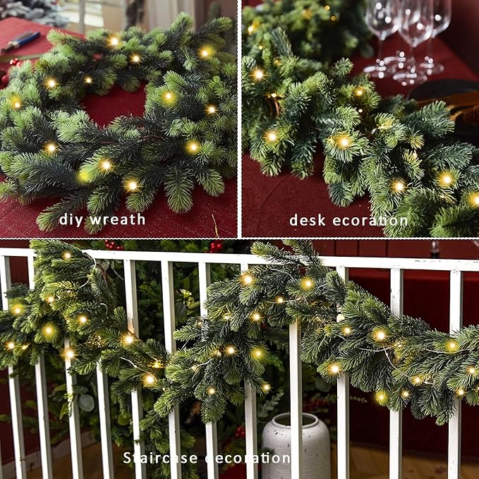 PARTY JOY 6FT Christmas Garland with LED String Lights, Artificial Pine Cypress Garland, Christmas Decorations Table Mantle Background Wall Room Winter Garland Outdoor Indoor Christmas Decor