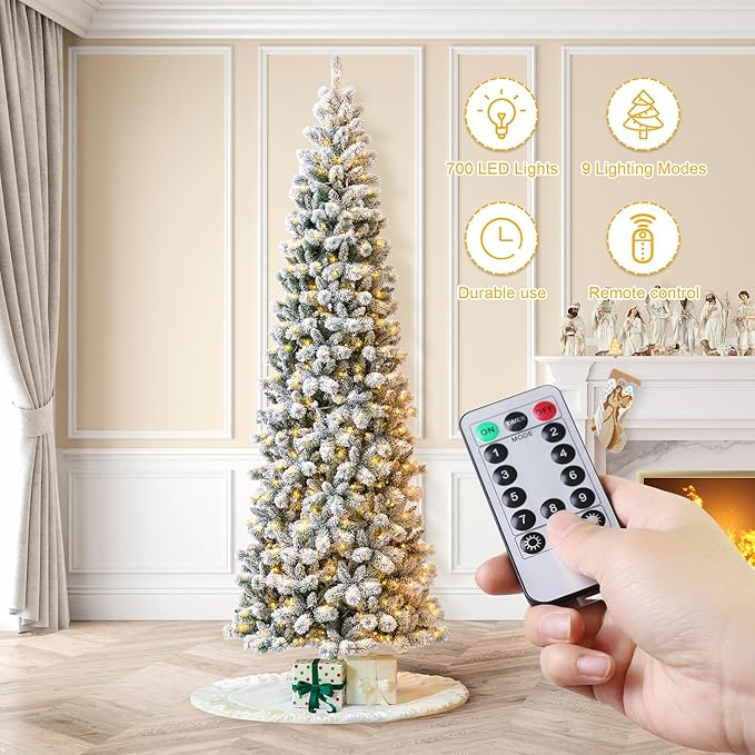Glitzhome 11ft Pre-Lit Flocked Pencil Artificial Christmas Tree, Portland Snowy Pine Pencil Christmas Tree with 700 LED Lights, 9 Functional Warm White/Multi-Color, Remote Controller