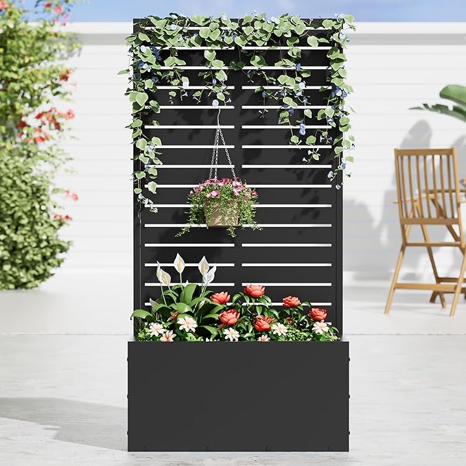Casaphoria Metal Raised Garden Bed, 47"x24"x12" Planter Box for Climbing Plants, Vegetables & Vines, Features Drainage Holes and Privacy Screen (Black-Louvered)
