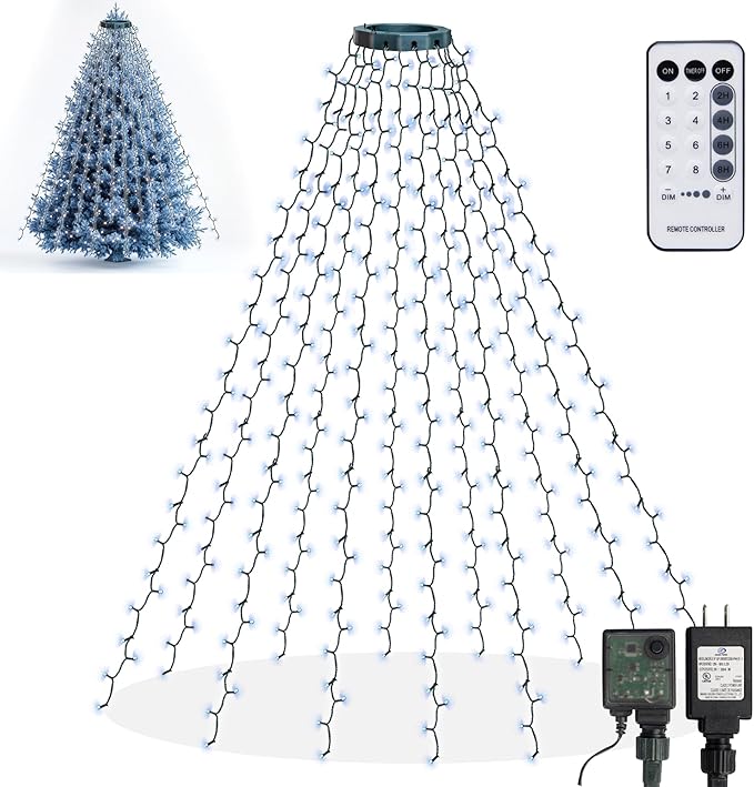 Dazzle Bright Christmas Tree Lights, 448 LED Waterfall Tree Topper Lights with Remote & 8 Lighting Modes, 8.2FT X 16 Lines Christmas Lights for Indoor Outdoor Yard Party Xmas Decoration (White)