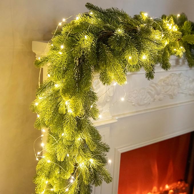 6FT Christmas Garland PARTY JOY Pine Garland with 9.8FT LED String Lights, Greenery Plant for Christmas Decorations Table Mantle Background Wall Room Outdoor Indoor Winter Decoration
