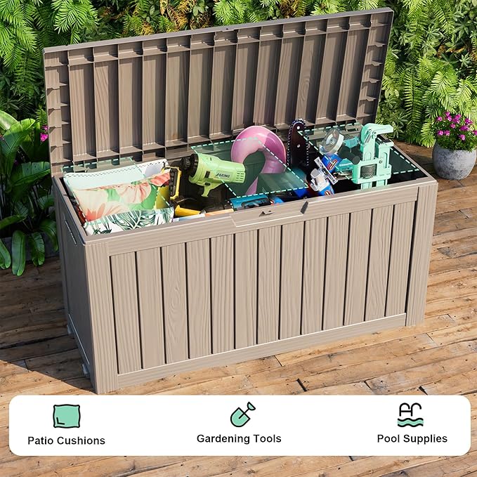 75 Gallon Waterproof Resin Deck Box, UV Resistant Outdoor Storage for Garden, Patio, Porch, Delivery, Light Brown