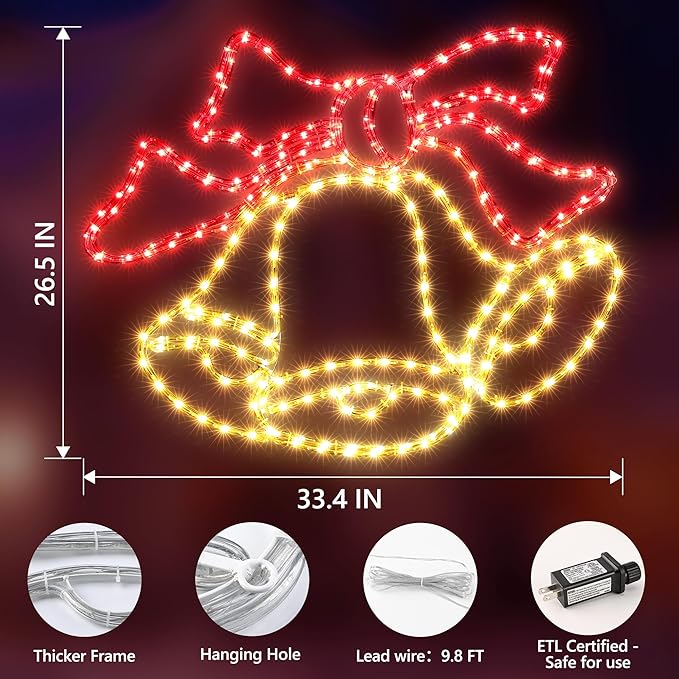 Christmas 33'' Large Bell Lights Decoration - 297LED Outdoor Waterproof Christmas Lights Large Bell Decoration with Timer for Outdoor Home Party Wall Hanging Light
