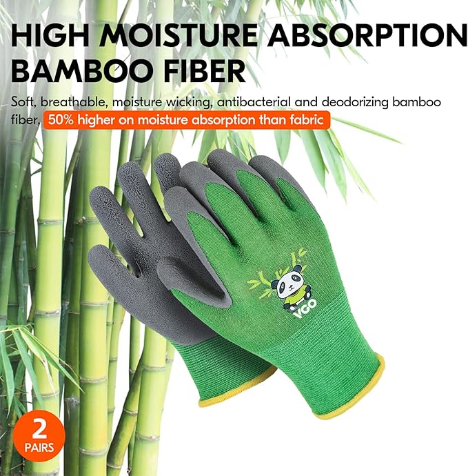 Vgo... 2-Pairs Age 7-9 Kids Garden Gloves, Bamboo Fibre Toddler Gardening Gloves, Children Yard Safety Work Gloves,Rubber(Size XS, Green, KID-RB6026)
