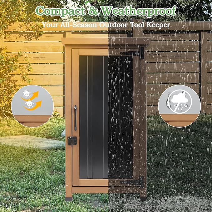 Outdoor Storage Cabinet Waterproof with Metal Top, Wooden Potting Bench Table Tool Organizer with Adjustable Shelf for Patio Backyard Garden