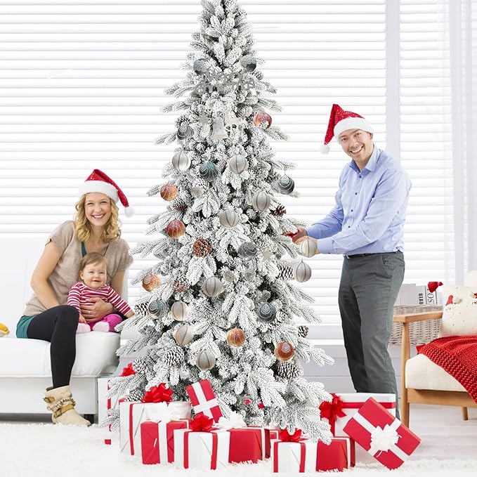 9 FT Snow Flocked Slim Fir Christmas Tree with 2138 PE & PVC Mixed Branch Tips,Unlit Artificial Skinny Pencil Xmas Tree with 52 Pine Cones,Hinged Premium Xmas Trees for Home,Office,Party Decoration