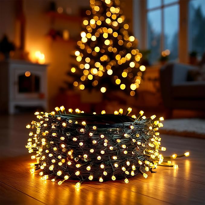 Dazzle Bright Christmas String Lights, 600 LED 196 FT Waterproof Green Wire String Lights with 8 Lighting Modes Timer, Christmas Decorations Outdoor for Party Yard Garden Xmas Tree Decor, Warm White