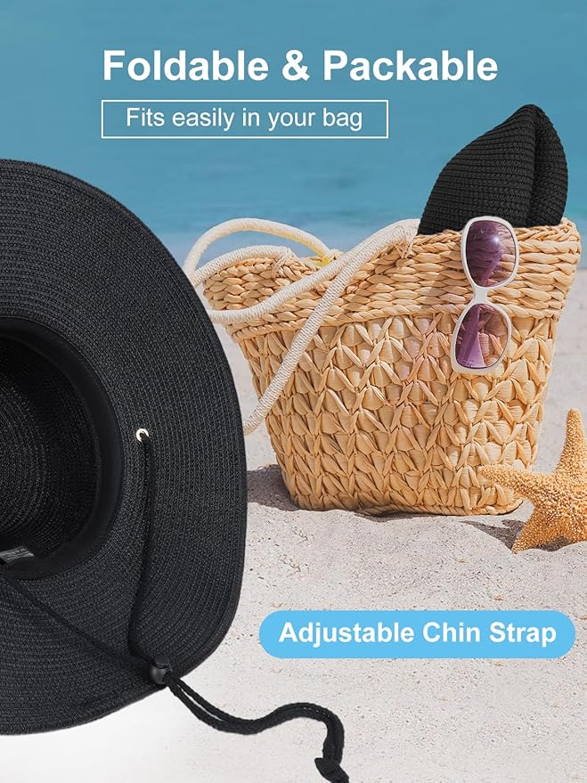 Senker Fashion Sun Hats for Women, Wind Lanyard Wide Brim Straw Hat for Summer Beach Garden Vacation Foldable UPF 50+