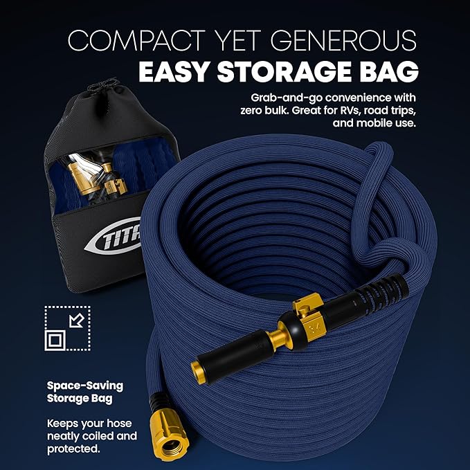 TITAN Flexible Garden Hose 15FT – Ultra Lightweight, Heavy Duty Water Hose with Brass Fittings & Jet Nozzle – Kink-Free, Non-Expanding, Durable Fabric Hose for Yard, Lawn, Car Wash, Outdoor Use