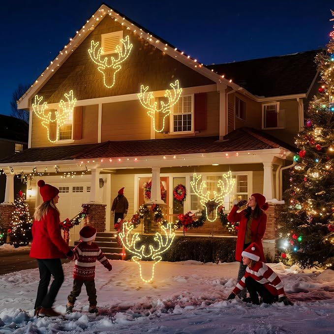 Christmas 32'' Large Reindeer Lights Decoration - 134LED Waterproof Christmas Outdoor Lighted Large Elk Sign for Wall Decor with Timer for Outdoor Home Party Wall Hanging Light