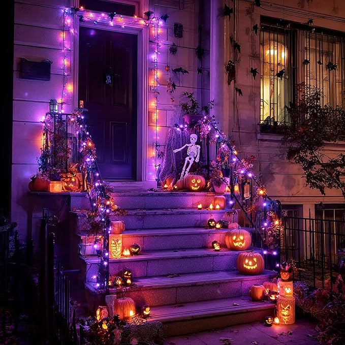 TW SHINE Halloween Lights, 600 LED 196FT Halloween String Lights Plug-in with 8 Modes Timer and Remote, Waterproof Outdoor Decorations for Haunted House Party Yard Decor, Purple and Orange