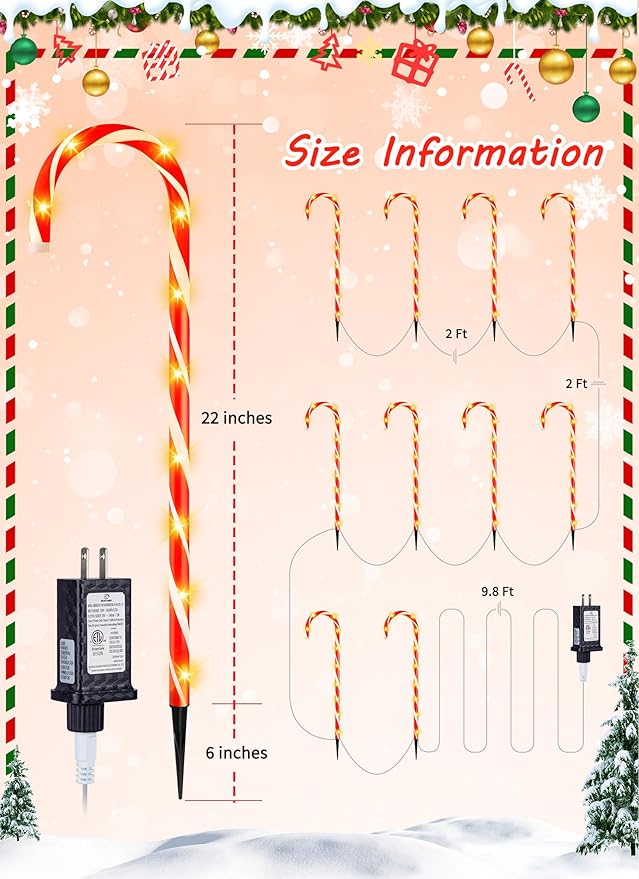 Brightown 28" Candy Cane Lights with Stakes, 2 Set Total 20 Large Christmas Pathway Lights, Outdoor Candy Cane Pathway Christmas Decorations for Yard, Lawn, Garden, Walkway, Sidewalk