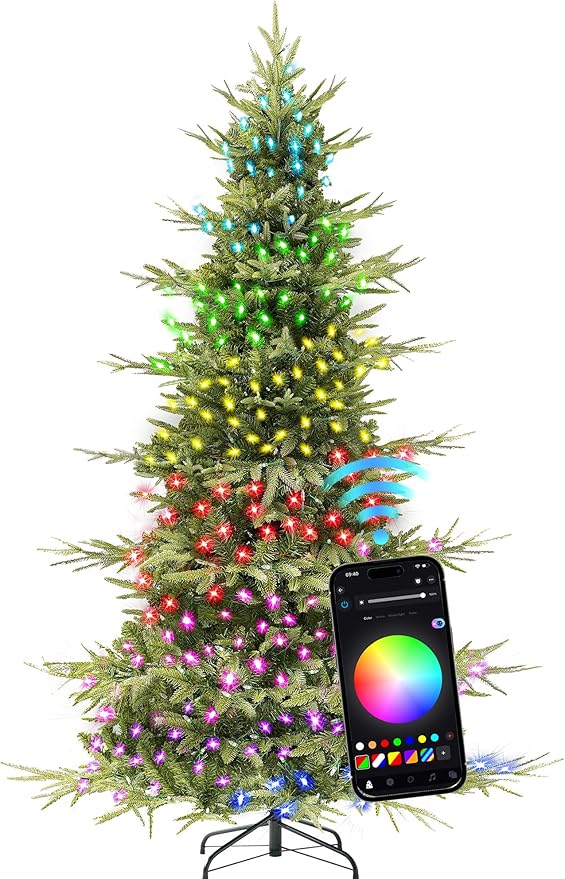 HOLLO STAR 7.5 ft Prelit Pencil Christmas Tree with 400 LED Lights, App Control, Aspen Artificial Christmas Tree, Multi-Color RGBW Lights, 1639 PE & PVC Branch Tips, Skinny Xmas Tree, for Home, Party