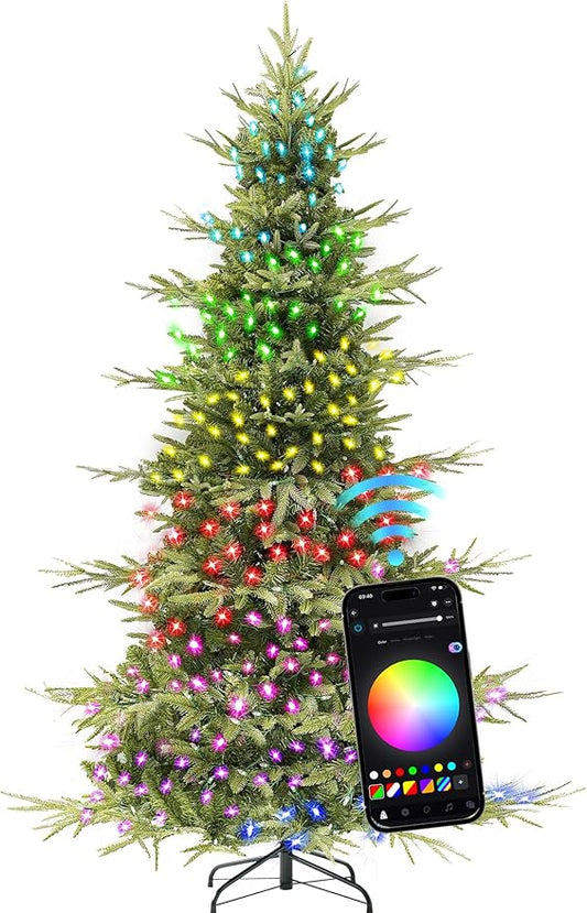 HOLLO STAR 7.5 ft Prelit Pencil Christmas Tree with 400 LED Lights, App Control, Aspen Artificial Christmas Tree, Multi-Color RGBW Lights, 1639 PE & PVC Branch Tips, Skinny Xmas Tree, for Home, Party