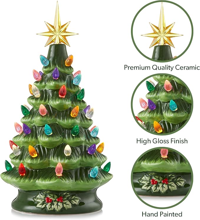 Casafield Hand Painted Ceramic Christmas Tree, Green 12-Inch Pre-Lit Tree with 100 Multi Color Lights and 2 Star Toppers