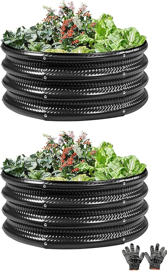2 Pcs 2x2X1 FT Round Galvanized Raised Garden Bed Kit, Black Outdoor Planter Garden Bed, Metal Raised Box for Vegetables, Fruits, Flowers & Herbs