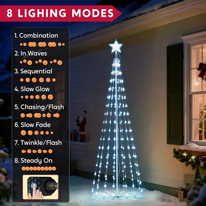 JOIEDOMI LED Christmas Cone Tree Lights, 6FT Outdoor Lighted Tree with 8 Lighting Modes & Star Topper, Christmas Decorations for Yard Porch Patio Garden Holiday Decor, Cool White