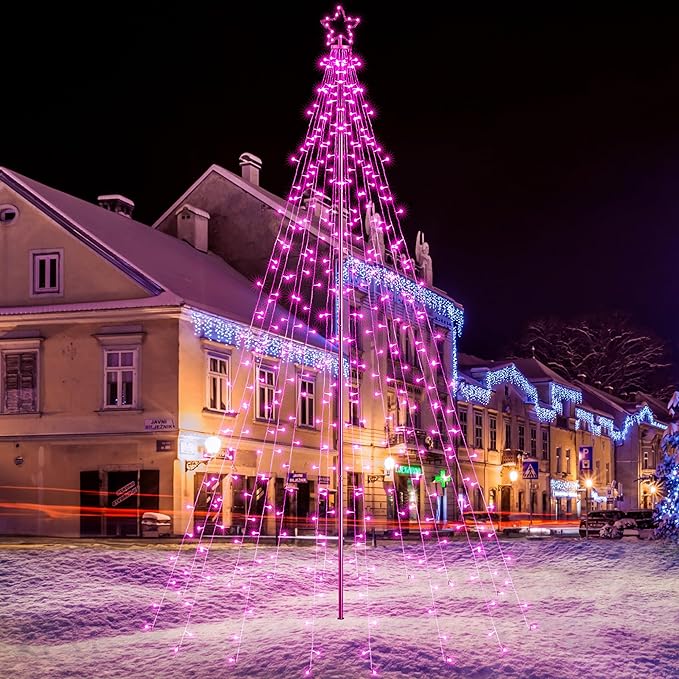 Lomotech Christmas Tree Lights - 10Ft 404 LED with 7.08" Topper, Remote Controll Waterproof Iron Pole Waterfall Lights for Outdoor Christmas Decorations (Pink)