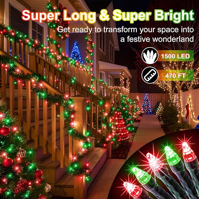 1500 LED 470FT Christmas String Lights Outdoor, 12 Pro Modes and Timer Memory & Brightness, Plug in Waterproof Dark Green Wire Twinkle Light for for Xmas Yard Tree Wedding Party Decor (Red & Green)