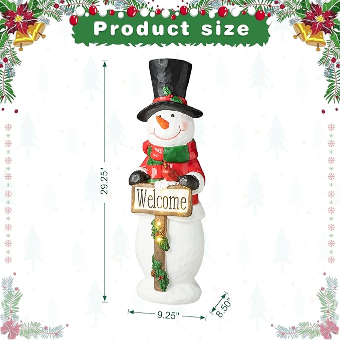 Glitzhome 29.25"H Christmas Resin Snowman Porch Decor with 8 Warm Lights and Timer, Xmas Winter Wall Yard Standing for Patio Front Porch Indoor Outdoor Home Welcome Sign Decor