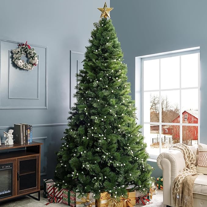 Evangeline 9ft Prelit Artificial Christmas Tree with 2514 Branch Tips, 850 Warm Lights and Metal Stand, 62" Wide Realistic Traditional Christmas Tree with Lights by Naomi Home