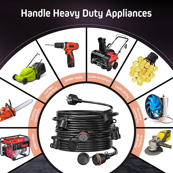 50FT Black Outdoor Extension Cord, Evenly Spaced 6 Outlets Plugs with Waterproof Cover, 16/3 SJTW Weatherproof Multiple Outlets Wire for Holiday Light and Halloween Christmas Decoration, ETL Listed