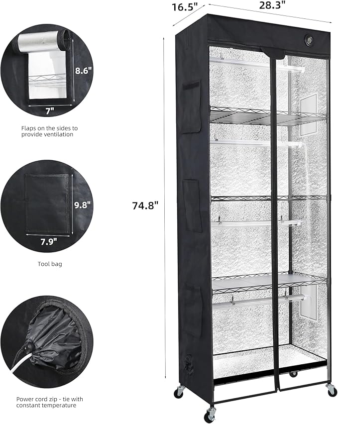 WORTH Mini Greenhouse with LED Grow Lights & Digital Thermo-Hygrometer – Portable Indoor Plant Grow Tent with Oxford Fabric Cover, Adjustable Shelves, Casters & Ventilation Flaps for Seed Starting