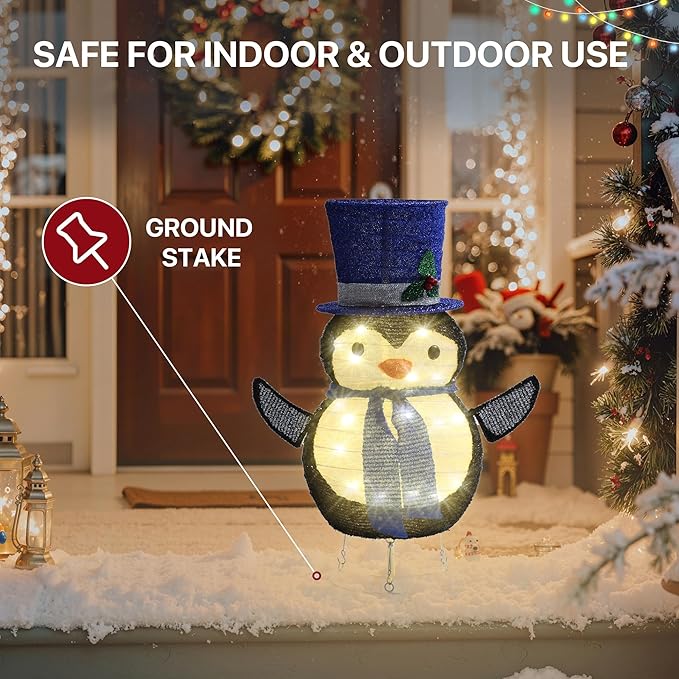 GENIMO Penguin Outdoor Christmas Decorations, 30 Lights Pop-up Lighted Warm White Light Pre-Lit Penguin with Hat for Holiday Decor Outside Indoor Home Lawn Yard Garden Patio Stakes(24 in)