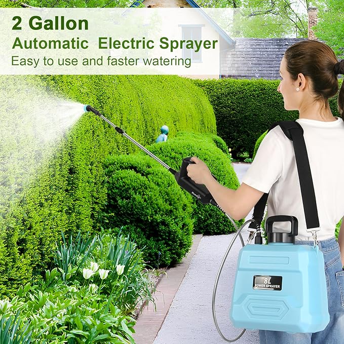 BlumWay Battery Powered Sprayer 2 Gallon, 7.4V Powerful Electric Sprayer with 5 Mist Nozzles,Rechargeable Handle, Retractable Wand, Adjustable Shoulder Strap for Lawn,Garden