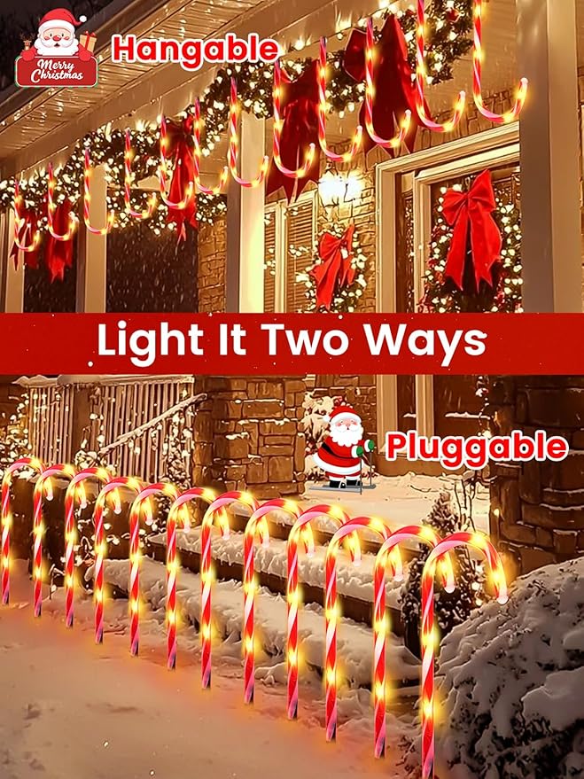 BOSSERN 24 Pack Christmas Candy Cane Lights Plug in, Jumbo Candy Cane Light Waterproof, 8 Modes Christmas LED Decorations for Outdoor, Pathway Lights Plug in for Garden Lawn Yard Patio Decorations