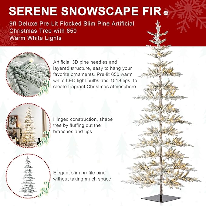 Glitzhome 9ft Deluxe Pre-Lit Flocked Artificial Christmas Tree Serene Snowscape Fir for Home, Office, Party Decoration with 650 Warm White Lights, Metal Hinges & Base, Easy Assembly