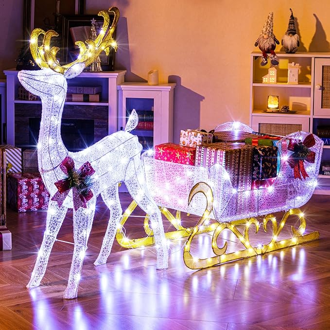 Tangkula 6 FT Christmas Lighted Reindeer & Santa’s Sleigh, Xmas Lighted Outdoor Yard Decoration with 215 LED Lights & 4 Ground Stakes, Artificial Christmas Décor for Indoor & Outdoor (Cold White)