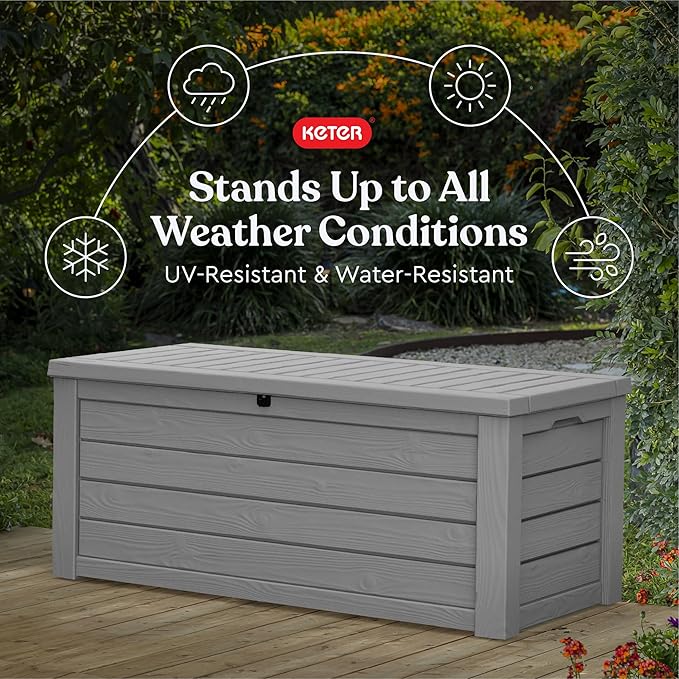 Keter Westwood 150 Gallon Resin Large Outdoor Storage Box for Patio Furniture, Outdoor Cushions, Garden Tools and Pool Floats, Light Grey