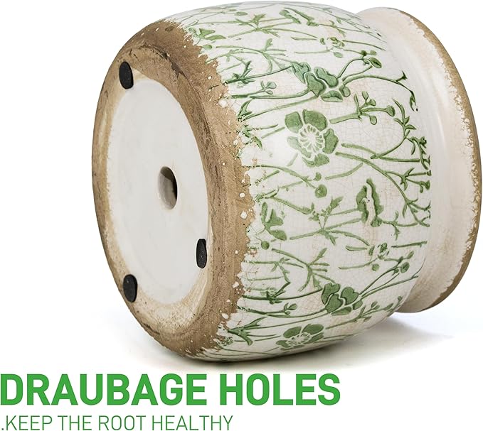 Vintage Ceramic Ice Crack Flower Pot with Drainage Holes, Country Rustic Planters for Indoor and Outdoor,Tuscan Decor,Home,Living Room, Garden Decor, Gardening Gift (Asian)